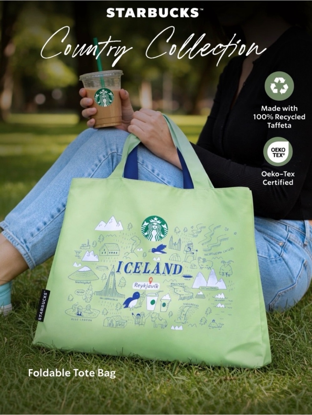 Starbucks Iceland Graphic Foldable Tote Bag - Light Green with Blue Accents